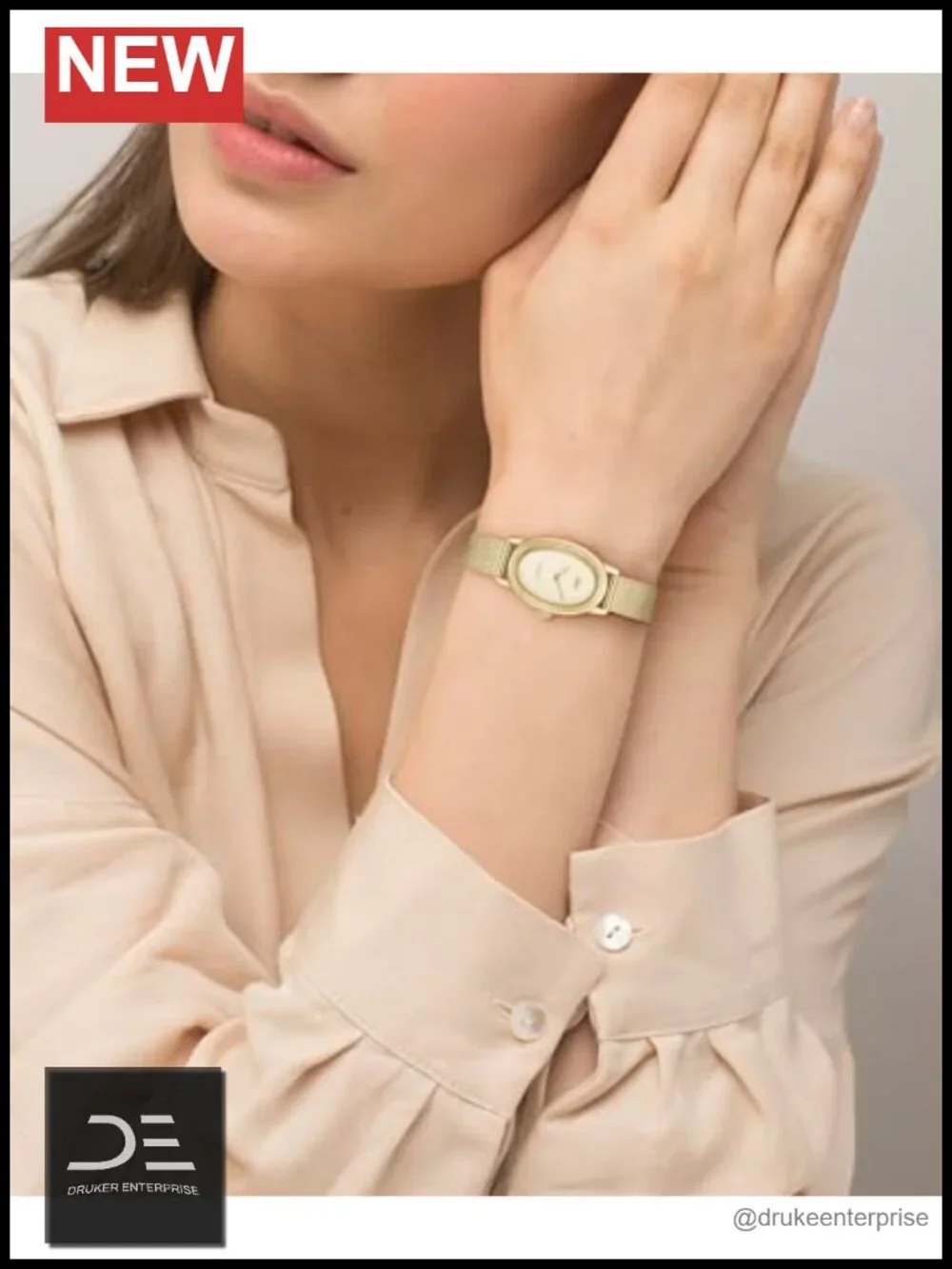 Gold Plated Oval Two-Hand Quartz Watch with Mesh Bracelet